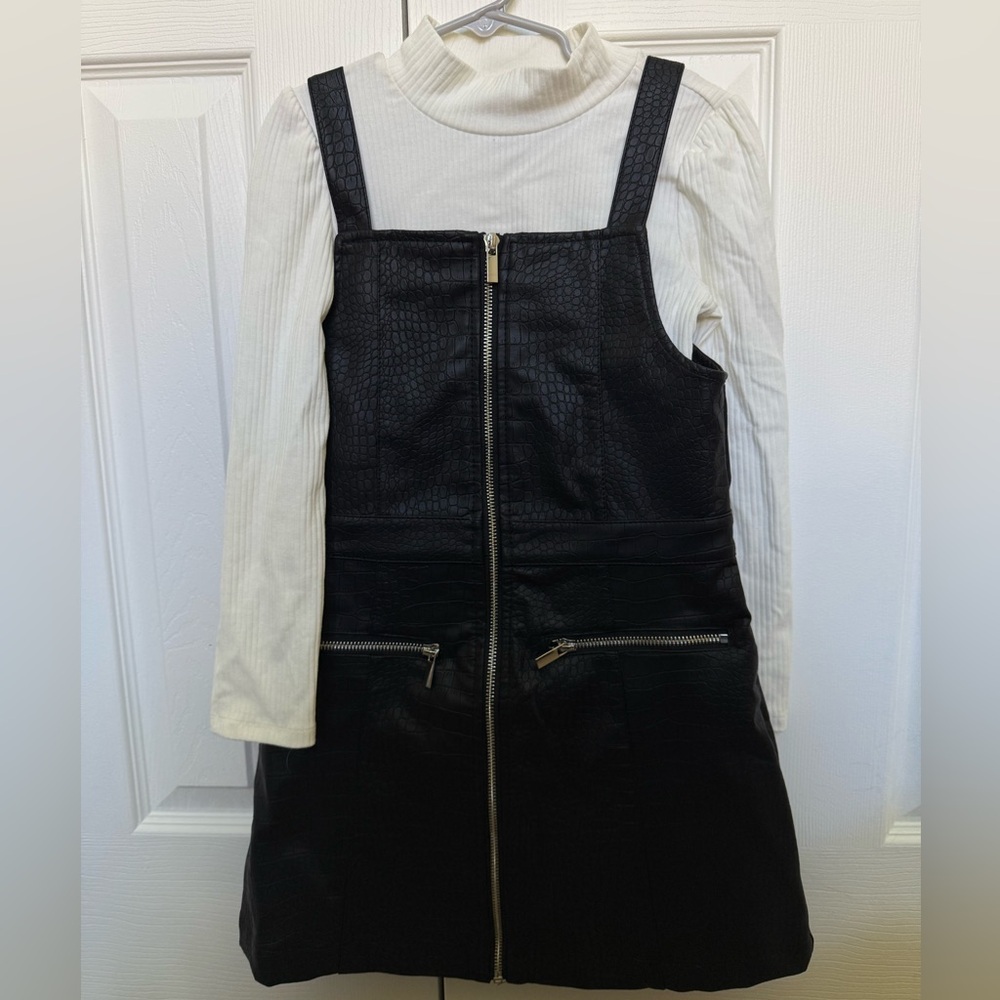 Girls Faux Leather Black Textured Dress with White Long Sleeve Top NWOT Size 7